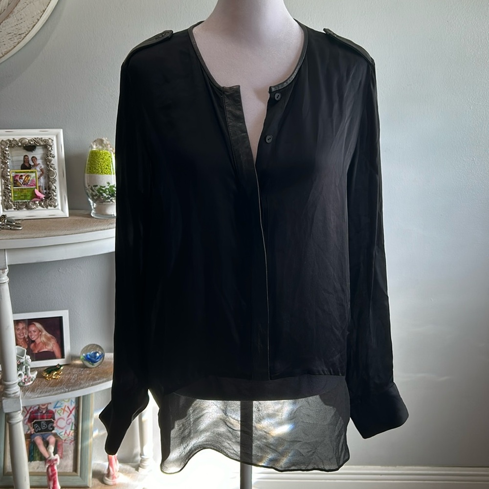 [Club Monaco] Black Leather Trim Silk Blouse - Size Medium